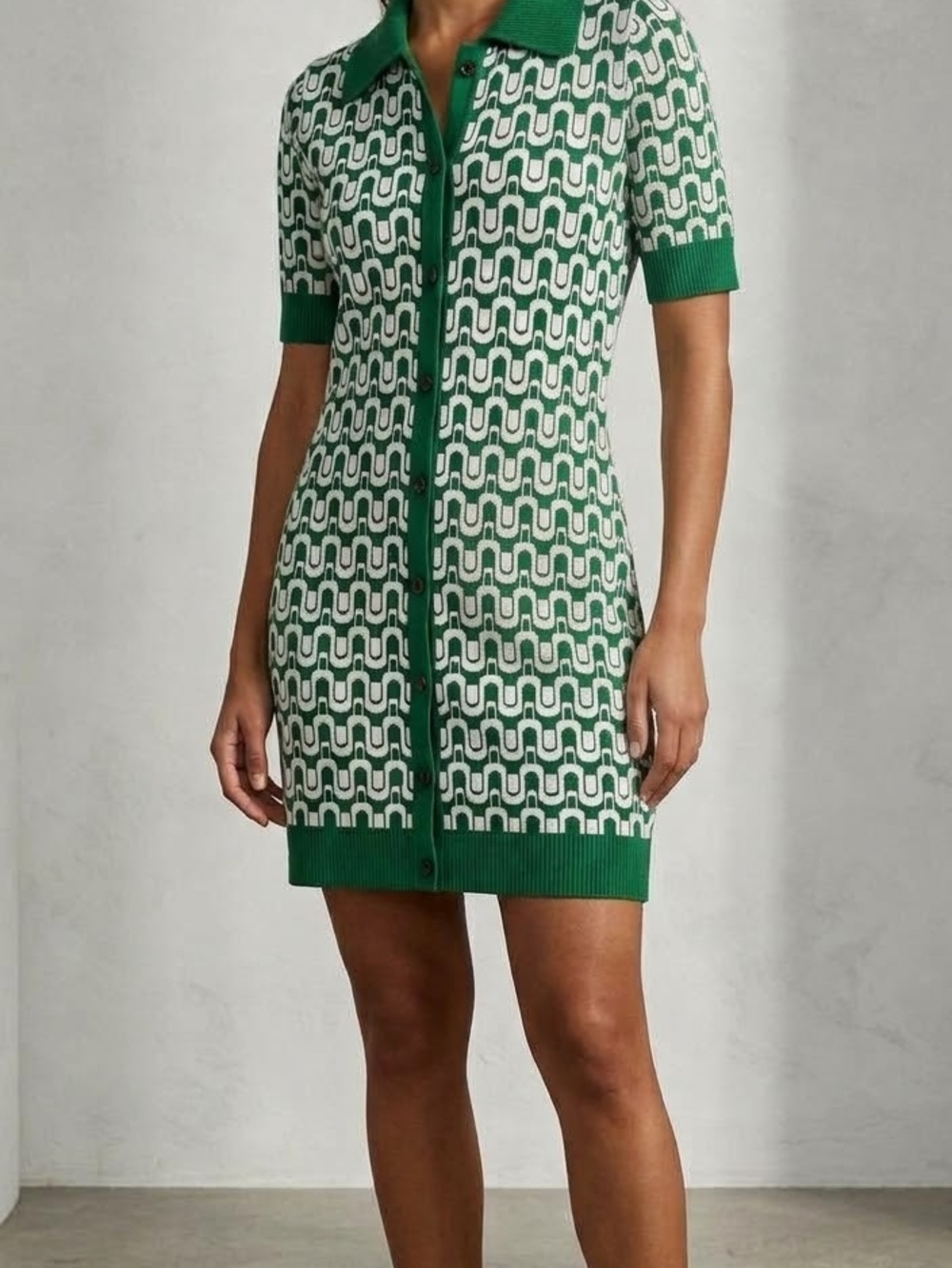 Maeve Green and White Geometric Knit Button-Front Dress Cardigan